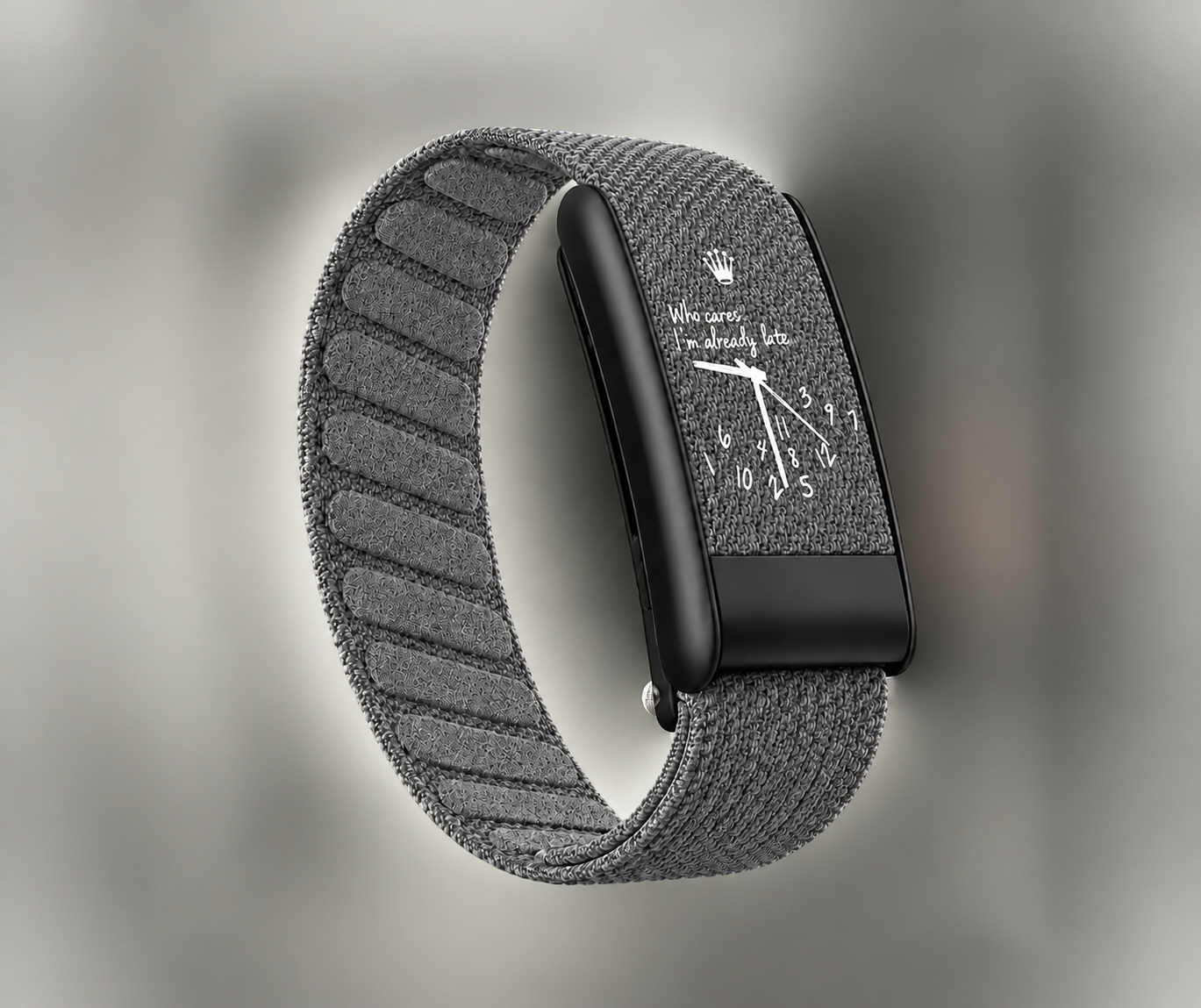 Grey woven wristband for WHOOP 5.0 with Who cares I am already late artwork